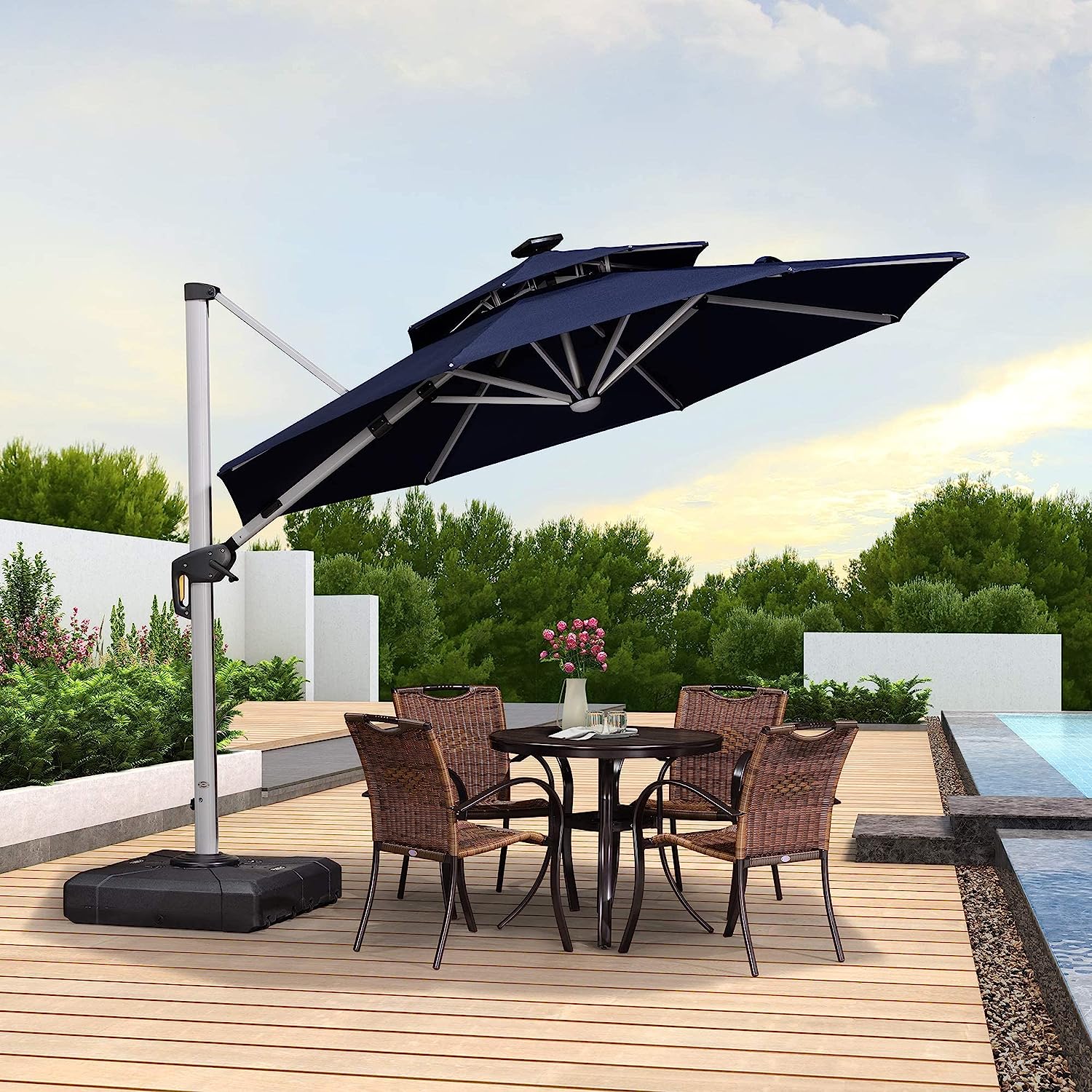 12ft Solar LED Patio Umbrella Outdoor Round Umbrella Large Cantilever Umbrella with LED Lights Windproof Bias Umbrella Heavy Duty Parasol for Garden Deck Pool Patio
